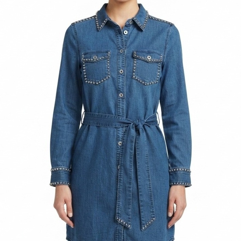 Ashro Denim Shirt Dress Womens Large Blue Studded Belted Western Long Sleeve